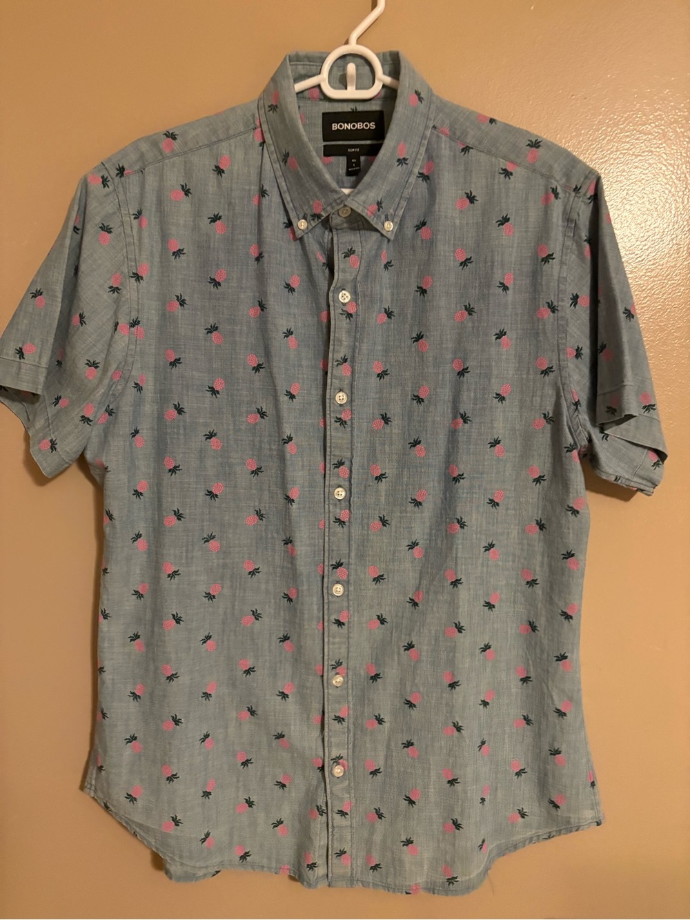 Bonobos Light Blue Short-Sleeve Button-Down with Pink Pineapple Print